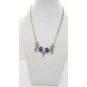 Silver Charm Necklace Blue Murano Glass Star Cross Pendant Women Snake Chain 18"